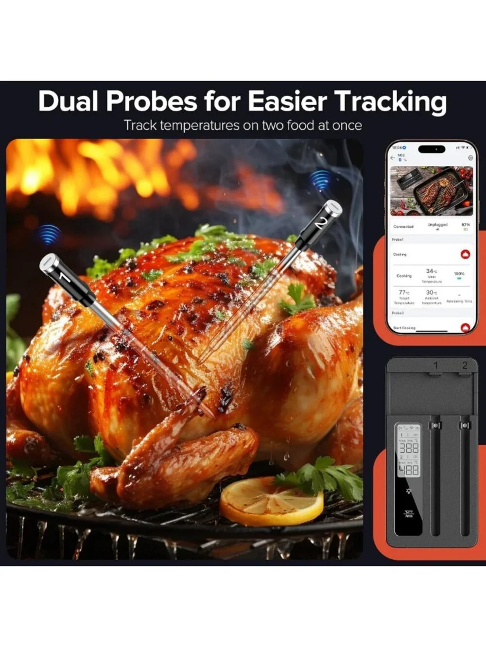Smart Wireless Meat Thermometer with 2 Probes, WiFi Base & Magnetic Mount
